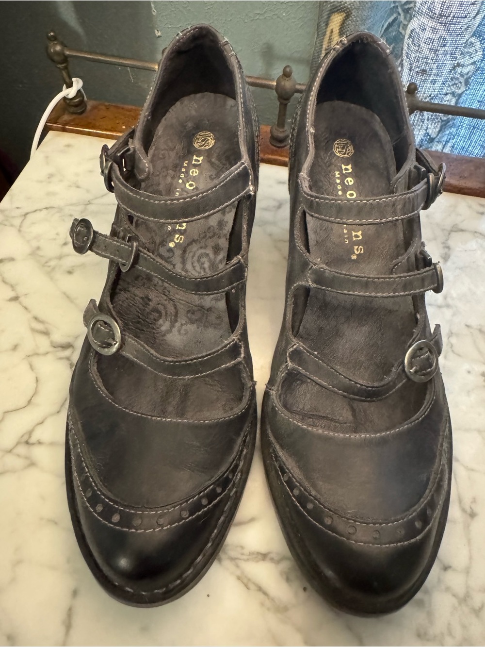 Neosens Black Triple-Strap Mary Jane Flats